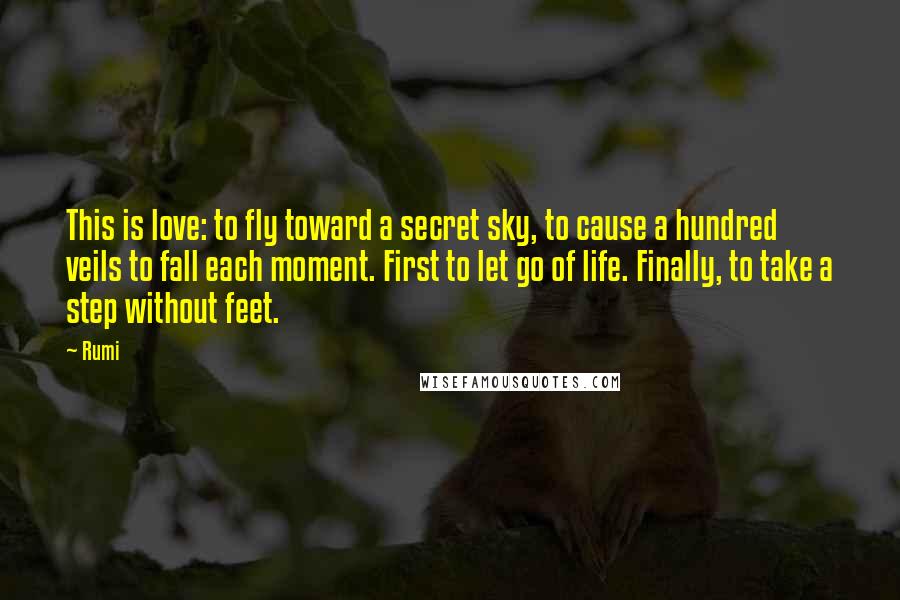 Rumi Quotes: This is love: to fly toward a secret sky, to cause a hundred veils to fall each moment. First to let go of life. Finally, to take a step without feet.