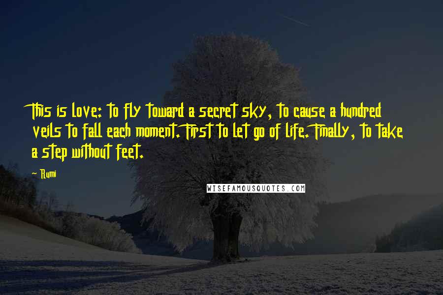 Rumi Quotes: This is love: to fly toward a secret sky, to cause a hundred veils to fall each moment. First to let go of life. Finally, to take a step without feet.