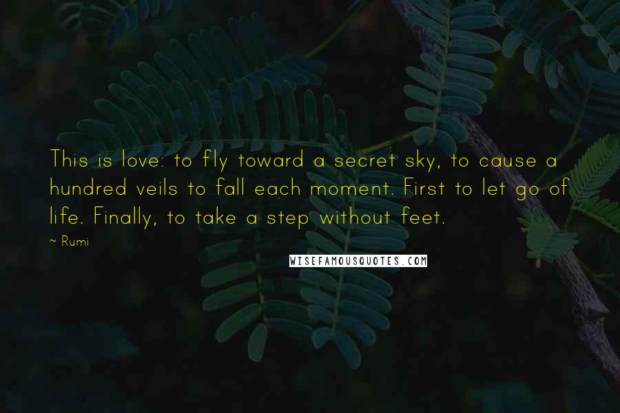 Rumi Quotes: This is love: to fly toward a secret sky, to cause a hundred veils to fall each moment. First to let go of life. Finally, to take a step without feet.