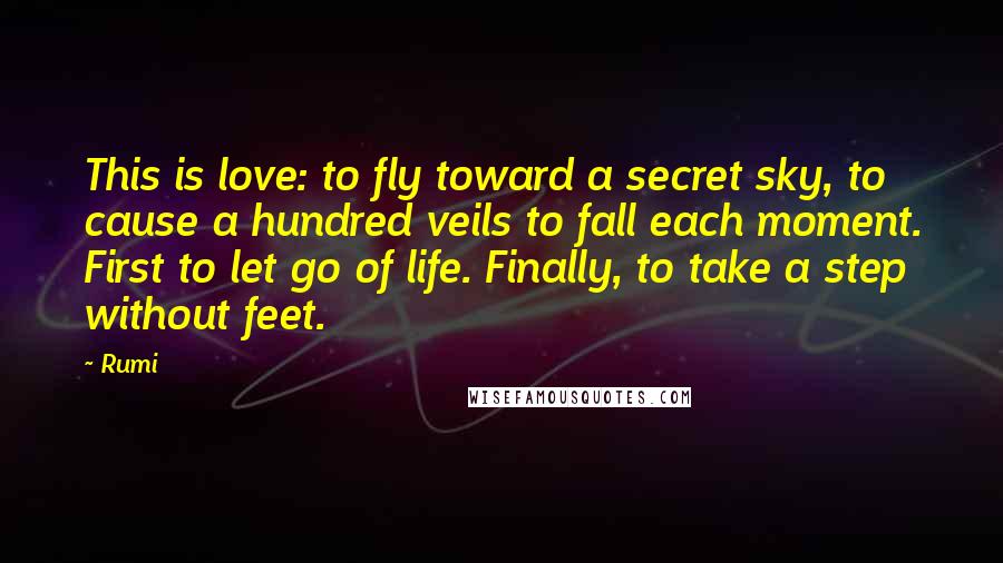 Rumi Quotes: This is love: to fly toward a secret sky, to cause a hundred veils to fall each moment. First to let go of life. Finally, to take a step without feet.