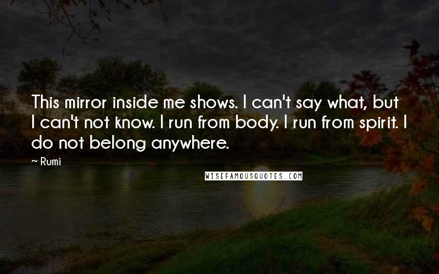 Rumi Quotes: This mirror inside me shows. I can't say what, but I can't not know. I run from body. I run from spirit. I do not belong anywhere.