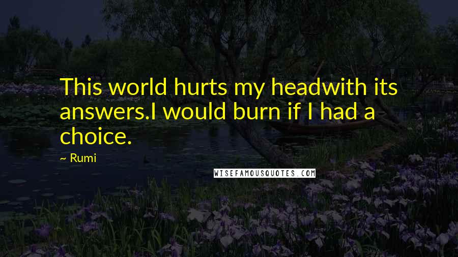 Rumi Quotes: This world hurts my headwith its answers.I would burn if I had a choice.