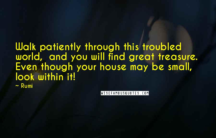 Rumi Quotes: Walk patiently through this troubled world,  and you will find great treasure.  Even though your house may be small,  look within it!