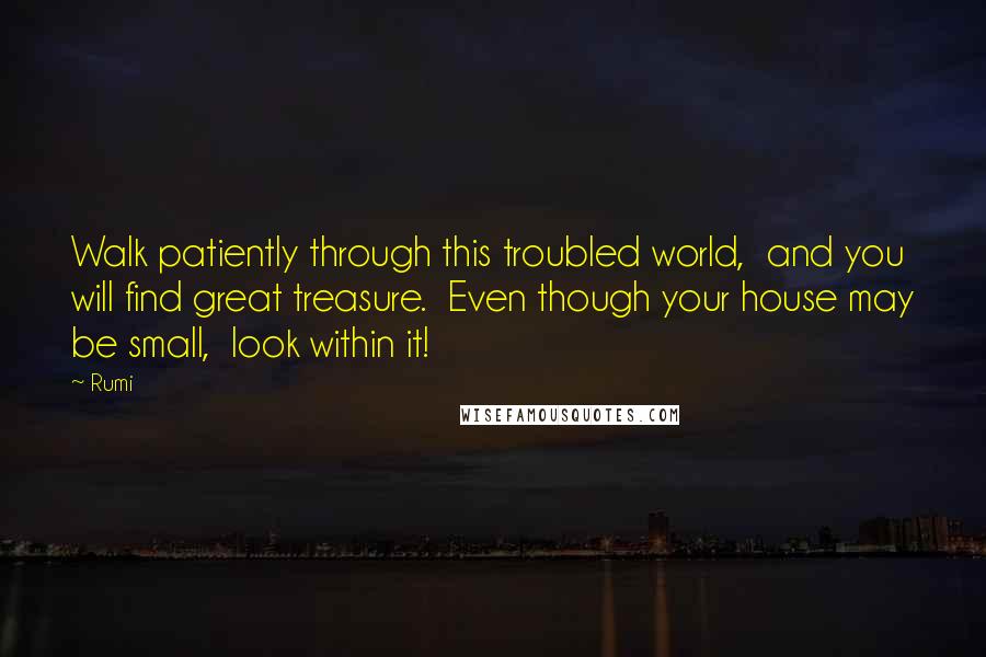 Rumi Quotes: Walk patiently through this troubled world,  and you will find great treasure.  Even though your house may be small,  look within it!