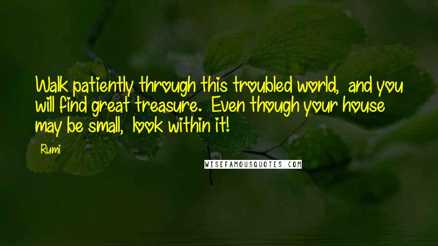 Rumi Quotes: Walk patiently through this troubled world,  and you will find great treasure.  Even though your house may be small,  look within it!