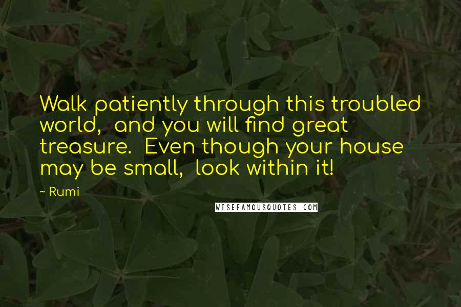 Rumi Quotes: Walk patiently through this troubled world,  and you will find great treasure.  Even though your house may be small,  look within it!