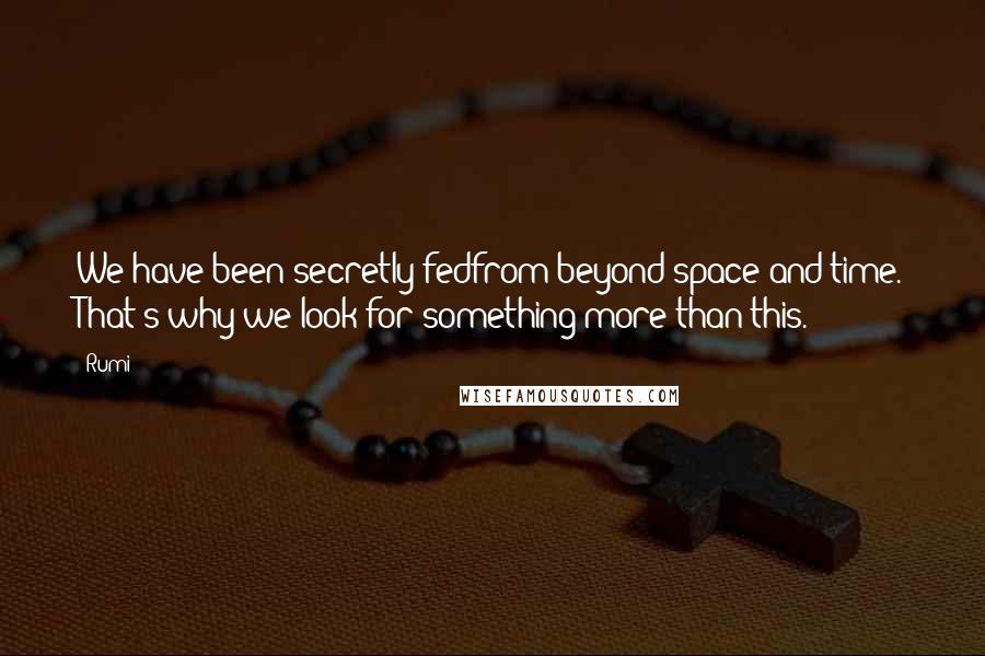 Rumi Quotes: We have been secretly fedfrom beyond space and time. That's why we look for something more than this.