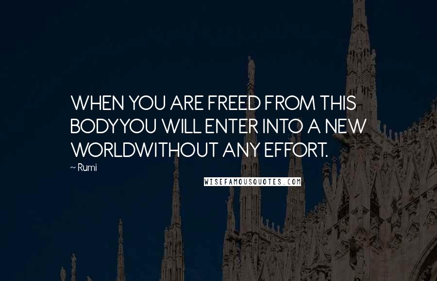 Rumi Quotes: WHEN YOU ARE FREED FROM THIS BODYYOU WILL ENTER INTO A NEW WORLDWITHOUT ANY EFFORT.