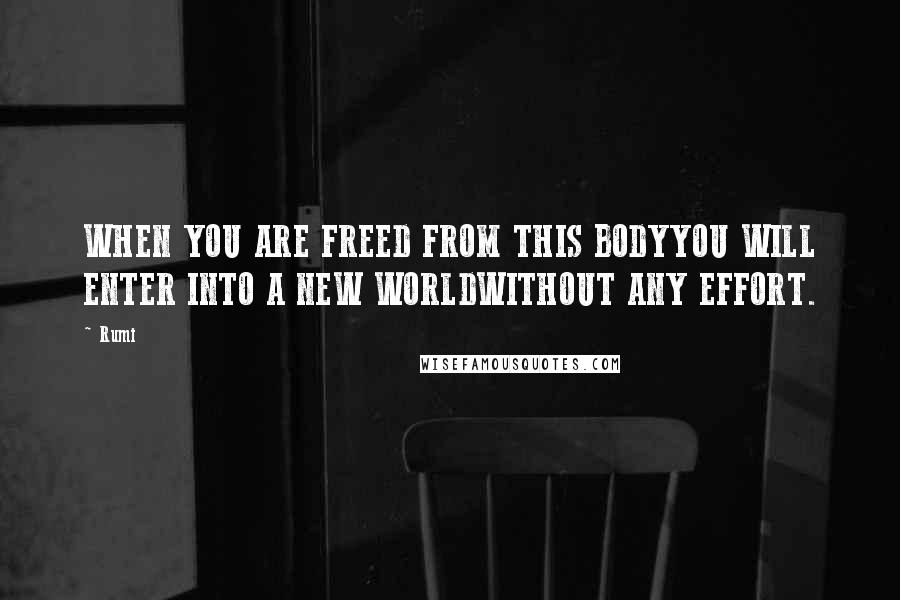 Rumi Quotes: WHEN YOU ARE FREED FROM THIS BODYYOU WILL ENTER INTO A NEW WORLDWITHOUT ANY EFFORT.