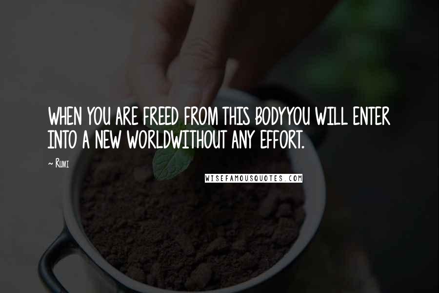 Rumi Quotes: WHEN YOU ARE FREED FROM THIS BODYYOU WILL ENTER INTO A NEW WORLDWITHOUT ANY EFFORT.