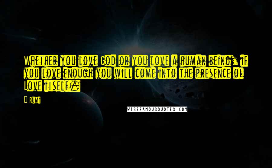 Rumi Quotes: Whether you love God or you love a human being, if you love enough you will come into the presence of Love itself.