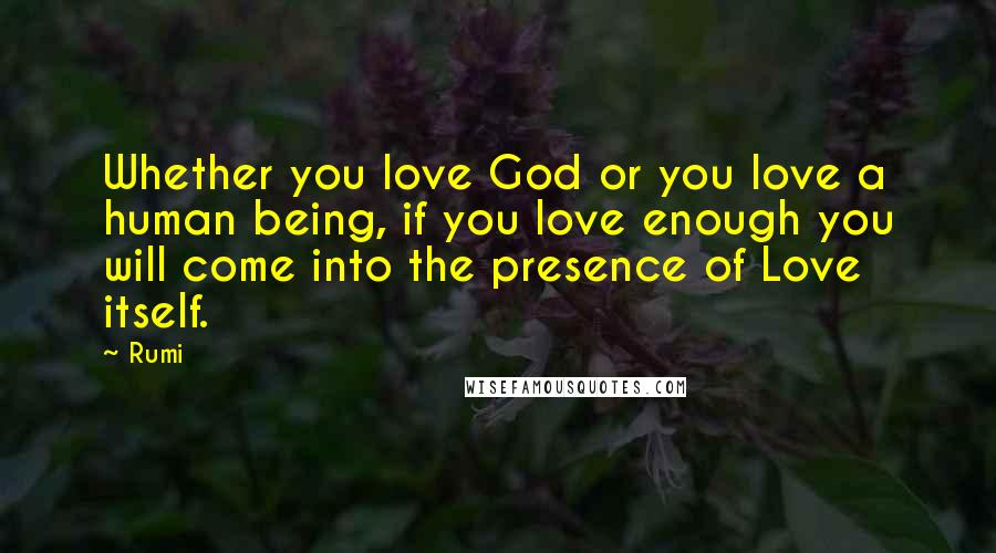 Rumi Quotes: Whether you love God or you love a human being, if you love enough you will come into the presence of Love itself.