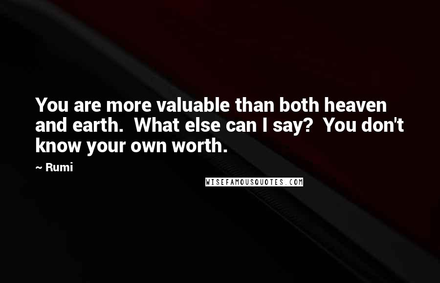 Rumi Quotes: You are more valuable than both heaven and earth.  What else can I say?  You don't know your own worth.