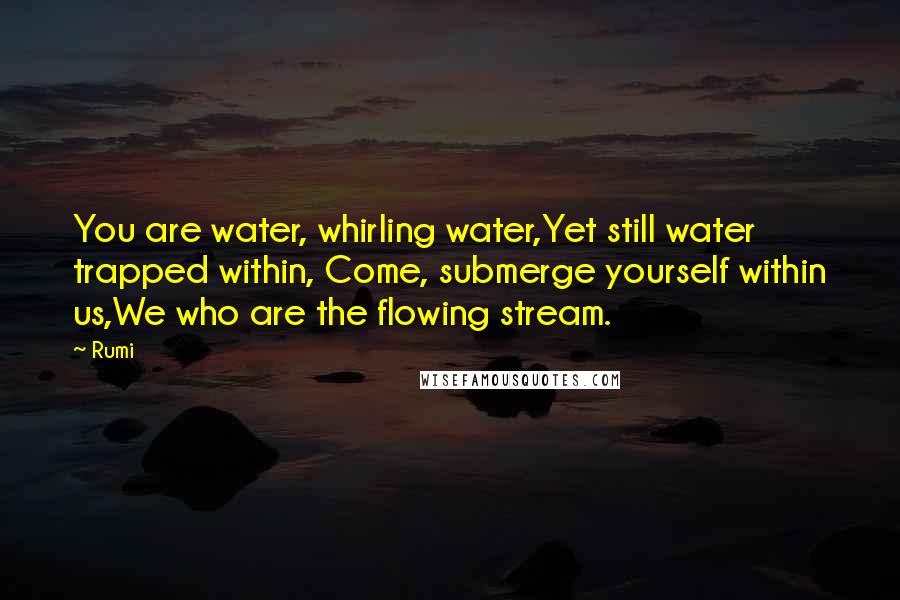 Rumi Quotes: You are water, whirling water,Yet still water trapped within, Come, submerge yourself within us,We who are the flowing stream.