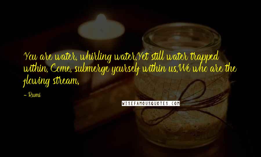 Rumi Quotes: You are water, whirling water,Yet still water trapped within, Come, submerge yourself within us,We who are the flowing stream.