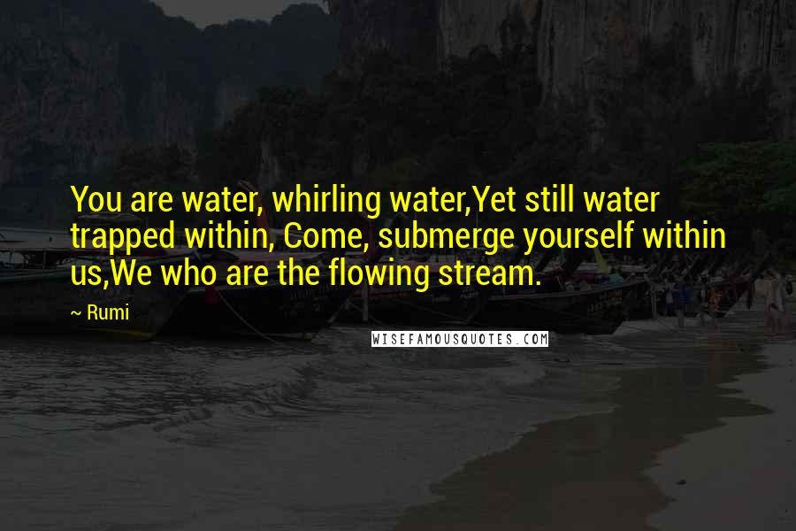 Rumi Quotes: You are water, whirling water,Yet still water trapped within, Come, submerge yourself within us,We who are the flowing stream.