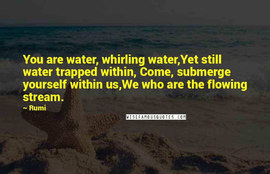 Rumi Quotes: You are water, whirling water,Yet still water trapped within, Come, submerge yourself within us,We who are the flowing stream.