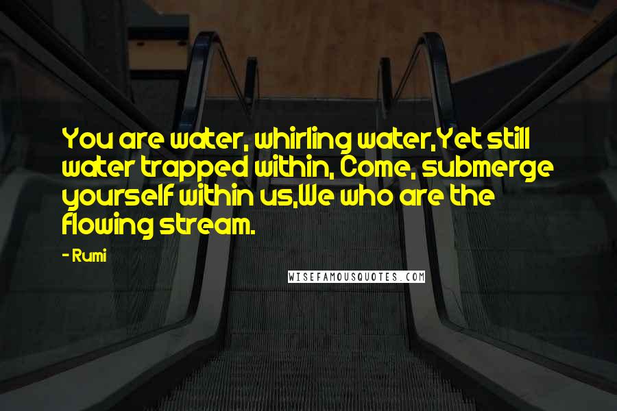 Rumi Quotes: You are water, whirling water,Yet still water trapped within, Come, submerge yourself within us,We who are the flowing stream.