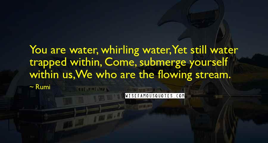 Rumi Quotes: You are water, whirling water,Yet still water trapped within, Come, submerge yourself within us,We who are the flowing stream.