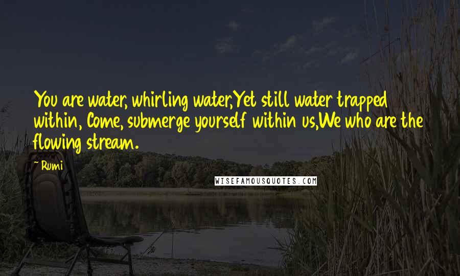 Rumi Quotes: You are water, whirling water,Yet still water trapped within, Come, submerge yourself within us,We who are the flowing stream.