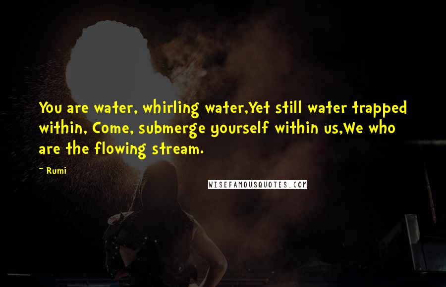 Rumi Quotes: You are water, whirling water,Yet still water trapped within, Come, submerge yourself within us,We who are the flowing stream.