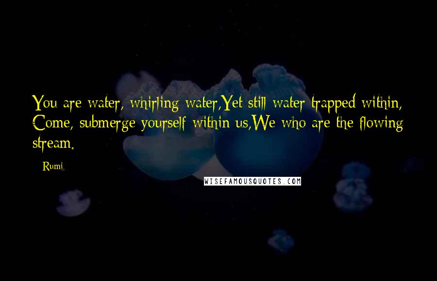 Rumi Quotes: You are water, whirling water,Yet still water trapped within, Come, submerge yourself within us,We who are the flowing stream.