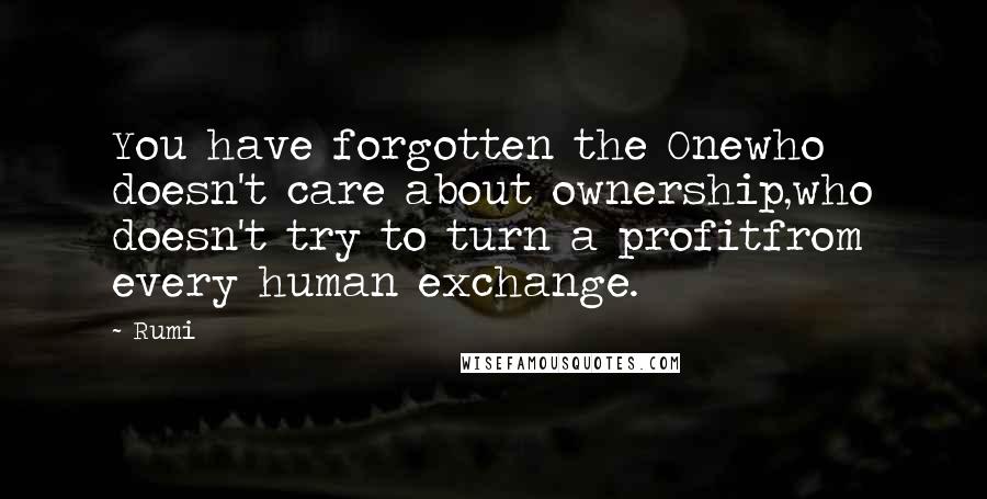 Rumi Quotes: You have forgotten the Onewho doesn't care about ownership,who doesn't try to turn a profitfrom every human exchange.