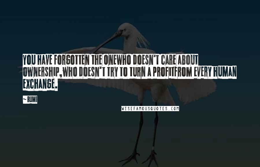 Rumi Quotes: You have forgotten the Onewho doesn't care about ownership,who doesn't try to turn a profitfrom every human exchange.
