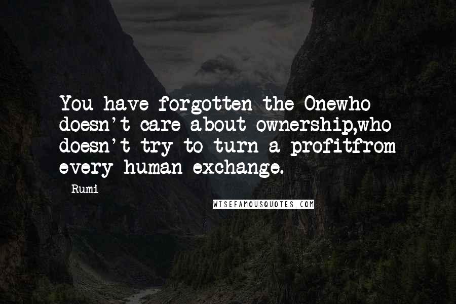 Rumi Quotes: You have forgotten the Onewho doesn't care about ownership,who doesn't try to turn a profitfrom every human exchange.