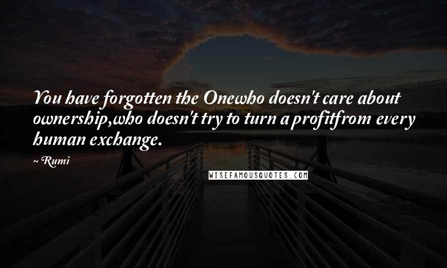 Rumi Quotes: You have forgotten the Onewho doesn't care about ownership,who doesn't try to turn a profitfrom every human exchange.