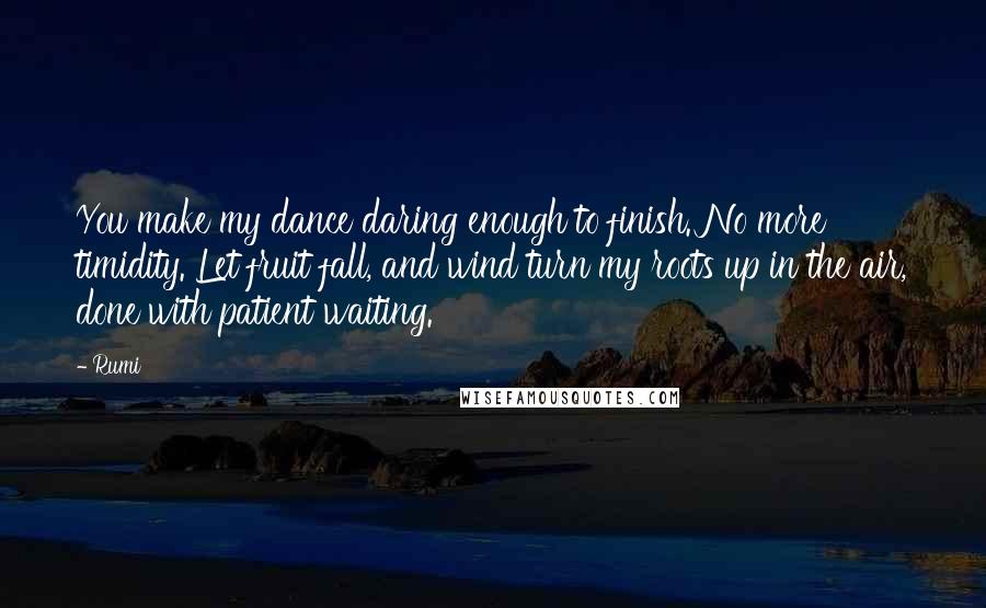 Rumi Quotes: You make my dance daring enough to finish. No more timidity. Let fruit fall, and wind turn my roots up in the air, done with patient waiting.