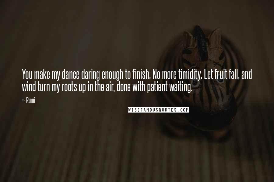 Rumi Quotes: You make my dance daring enough to finish. No more timidity. Let fruit fall, and wind turn my roots up in the air, done with patient waiting.