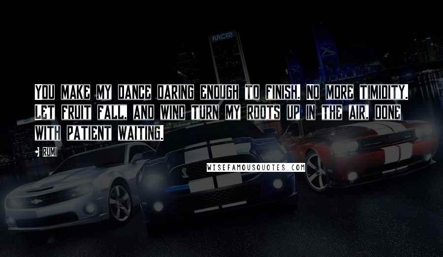 Rumi Quotes: You make my dance daring enough to finish. No more timidity. Let fruit fall, and wind turn my roots up in the air, done with patient waiting.