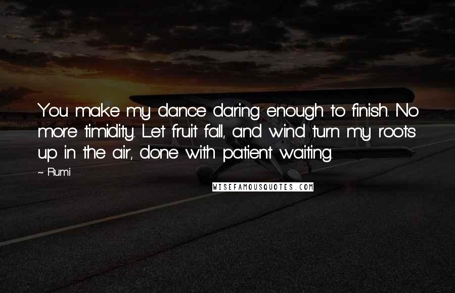 Rumi Quotes: You make my dance daring enough to finish. No more timidity. Let fruit fall, and wind turn my roots up in the air, done with patient waiting.