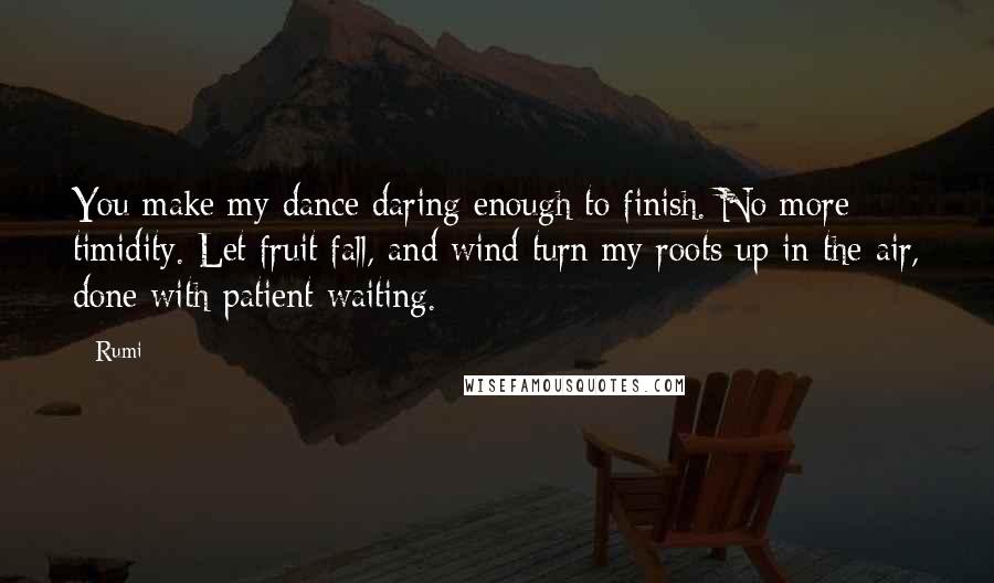 Rumi Quotes: You make my dance daring enough to finish. No more timidity. Let fruit fall, and wind turn my roots up in the air, done with patient waiting.