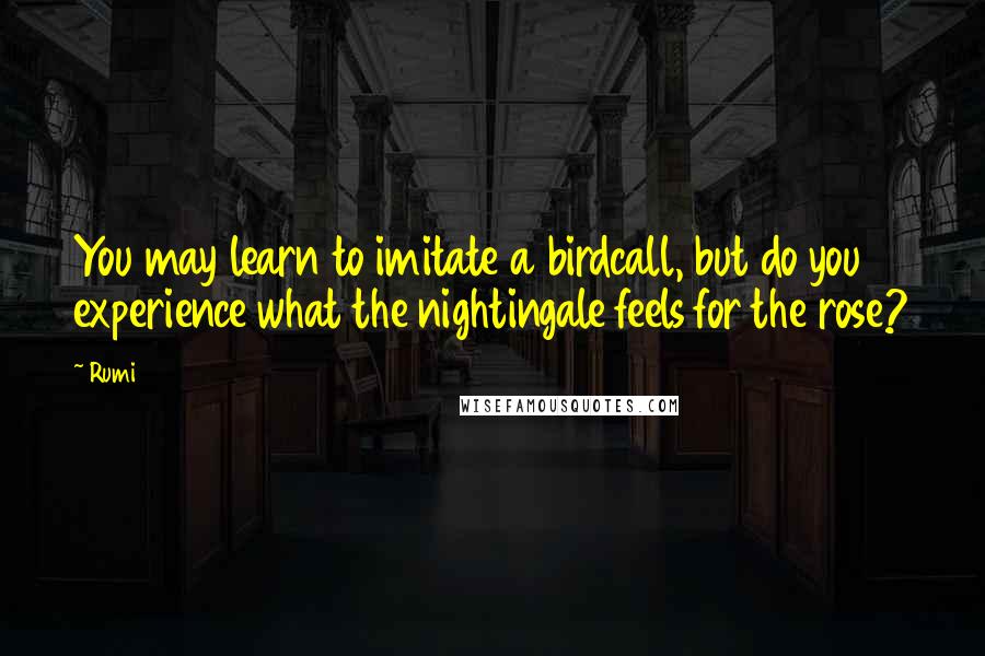 Rumi Quotes: You may learn to imitate a birdcall, but do you experience what the nightingale feels for the rose?