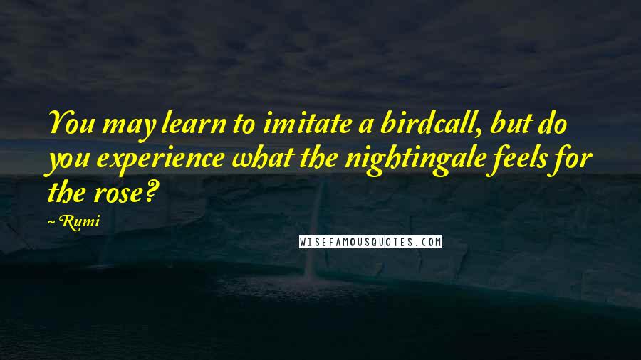 Rumi Quotes: You may learn to imitate a birdcall, but do you experience what the nightingale feels for the rose?