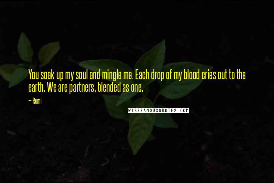 Rumi Quotes: You soak up my soul and mingle me. Each drop of my blood cries out to the earth. We are partners, blended as one.