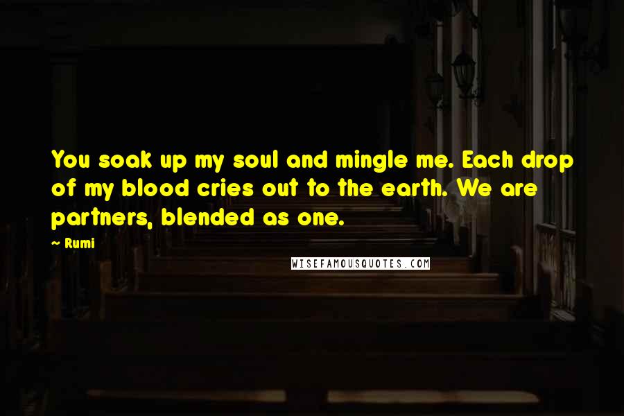 Rumi Quotes: You soak up my soul and mingle me. Each drop of my blood cries out to the earth. We are partners, blended as one.