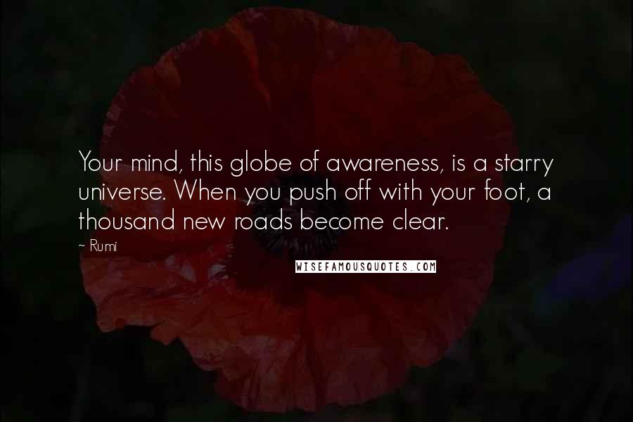 Rumi Quotes: Your mind, this globe of awareness, is a starry universe. When you push off with your foot, a thousand new roads become clear.