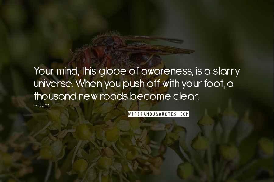 Rumi Quotes: Your mind, this globe of awareness, is a starry universe. When you push off with your foot, a thousand new roads become clear.