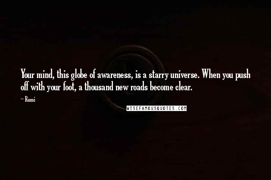 Rumi Quotes: Your mind, this globe of awareness, is a starry universe. When you push off with your foot, a thousand new roads become clear.