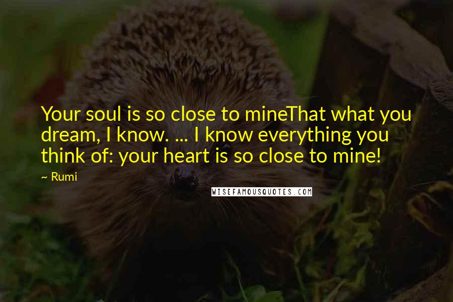 Rumi Quotes: Your soul is so close to mineThat what you dream, I know. ... I know everything you think of: your heart is so close to mine!