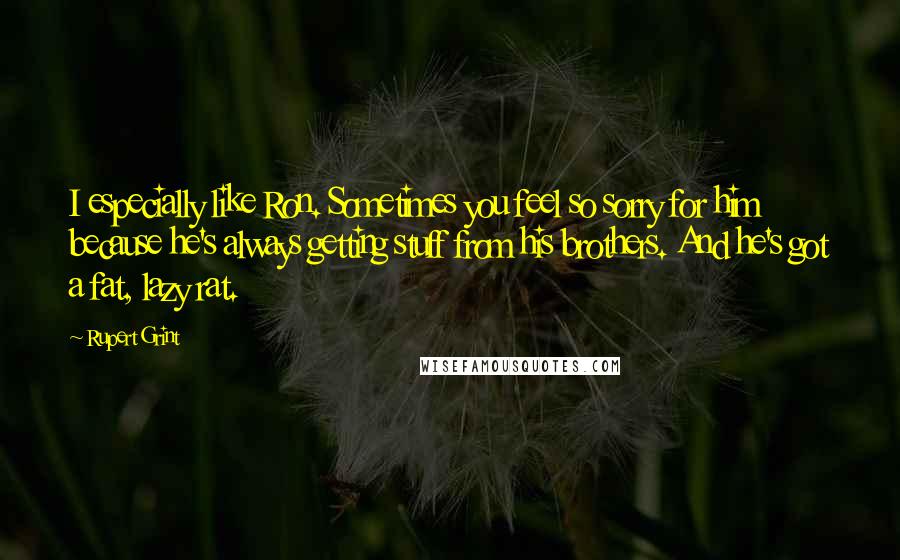 Rupert Grint Quotes: I especially like Ron. Sometimes you feel so sorry for him because he's always getting stuff from his brothers. And he's got a fat, lazy rat.