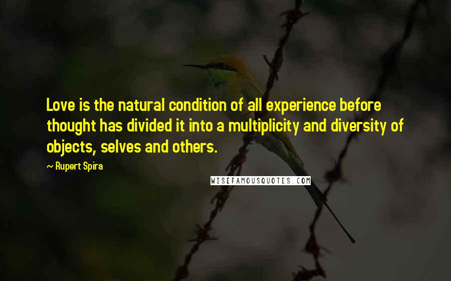 Rupert Spira Quotes: Love is the natural condition of all experience before thought has divided it into a multiplicity and diversity of objects, selves and others.