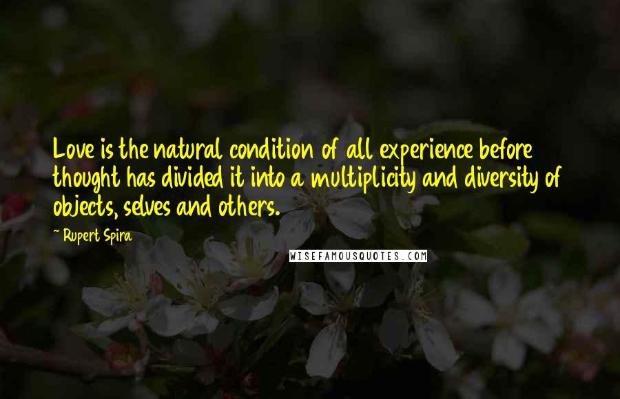 Rupert Spira Quotes: Love is the natural condition of all experience before thought has divided it into a multiplicity and diversity of objects, selves and others.
