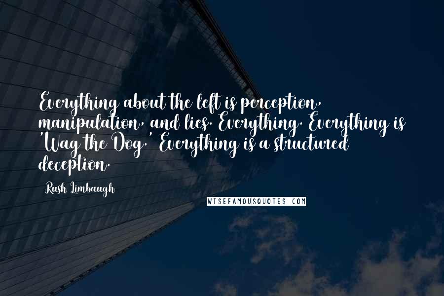 Rush Limbaugh Quotes: Everything about the left is perception, manipulation, and lies. Everything. Everything is 'Wag the Dog.' Everything is a structured deception.