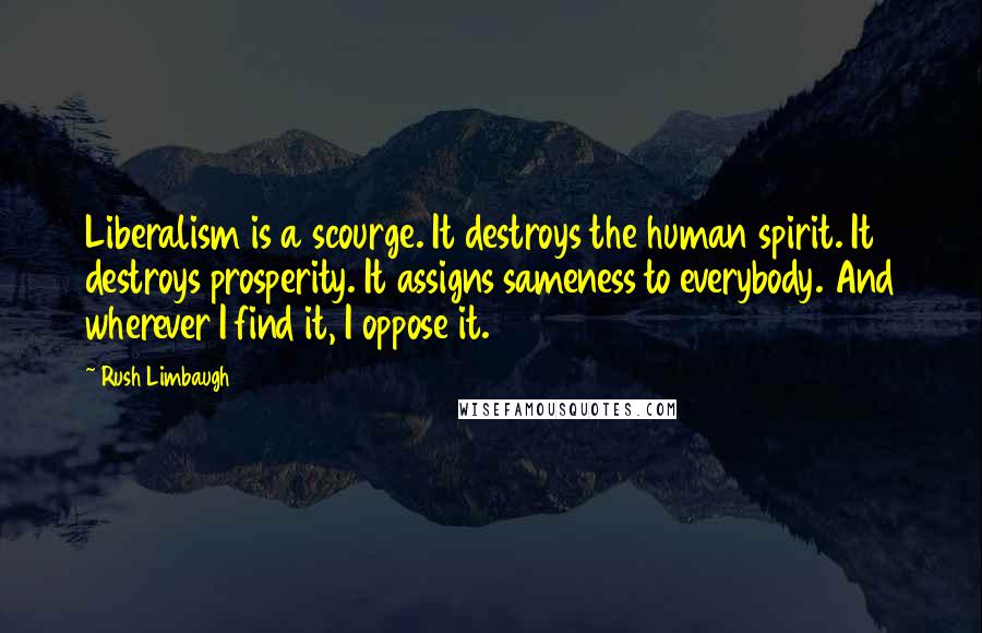 Rush Limbaugh Quotes: Liberalism is a scourge. It destroys the human spirit. It destroys prosperity. It assigns sameness to everybody. And wherever I find it, I oppose it.