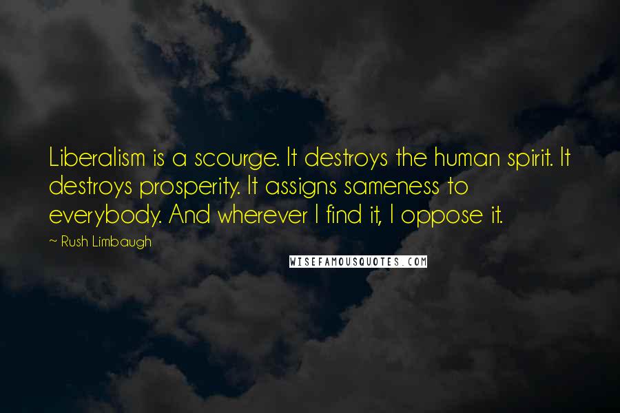 Rush Limbaugh Quotes: Liberalism is a scourge. It destroys the human spirit. It destroys prosperity. It assigns sameness to everybody. And wherever I find it, I oppose it.