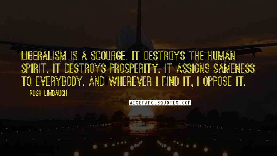 Rush Limbaugh Quotes: Liberalism is a scourge. It destroys the human spirit. It destroys prosperity. It assigns sameness to everybody. And wherever I find it, I oppose it.